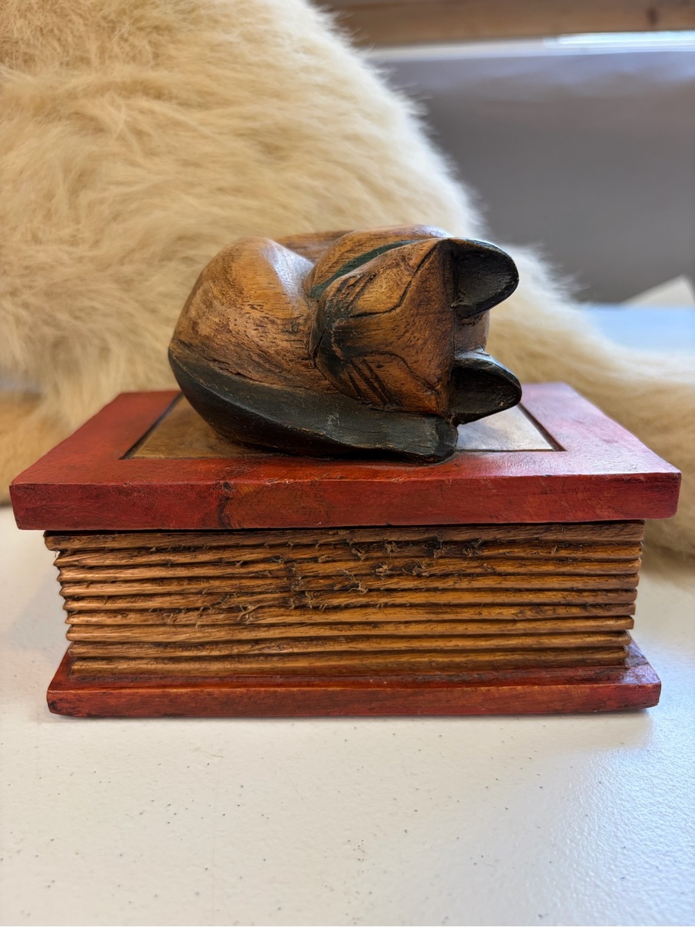 Vintage Hand Carved Wood Sleeping Cat Lady Trinket Box Folk Art Rustic Decor 90s